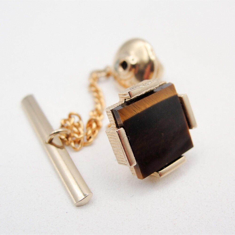 Vintage Swank Gold Tone Tiger Eye Tie Tack Pin Chain Bar Square Mens Jewelry